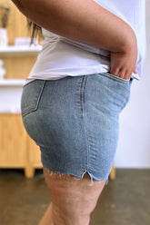 Judy Blue Full Size High Waist Raw Hem Denim Shorts Medium OutfitFlow